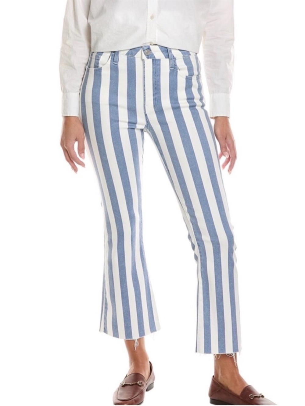 FRAME Le Crop Mini Boot Striped High Rise Flare Jeans Blue White Nautical 27 NWT